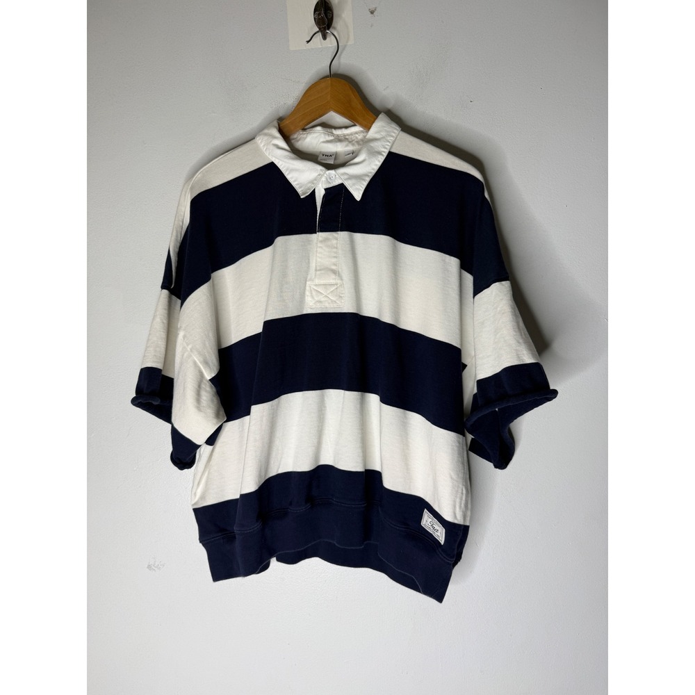 TNA Aritzia Oversized Rugby Shirt Navy Blue White Striped Short Sleeve XL
